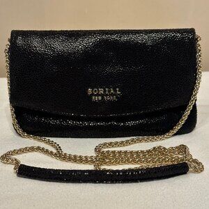 Sorial New York Soft Leather Black Evening Bag with Gold Chain Magnetic Closure